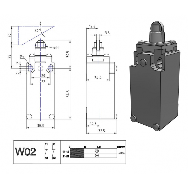 AM5F12W02 - Концевой выключатель с металлическим роликовым плунжером, 2NC (медленного действия), IP66, Comepi