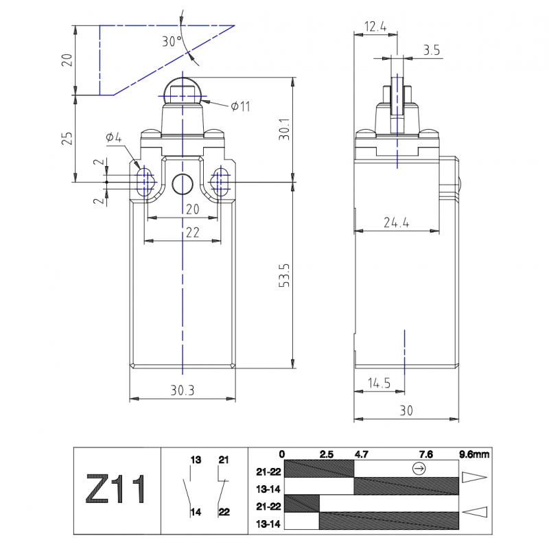 AP1T11Z11 - Концевой выключатель с металлическим плунжером, 1NO+1NC, IP65, Comepi