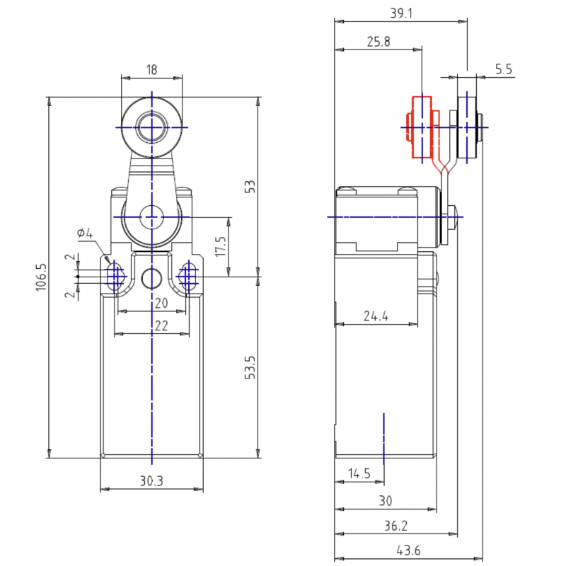 AP1T41Z11 - Концевой выключатель с рычагом и нейлоновым роликом, 1NO+1NC, IP65, Comepi