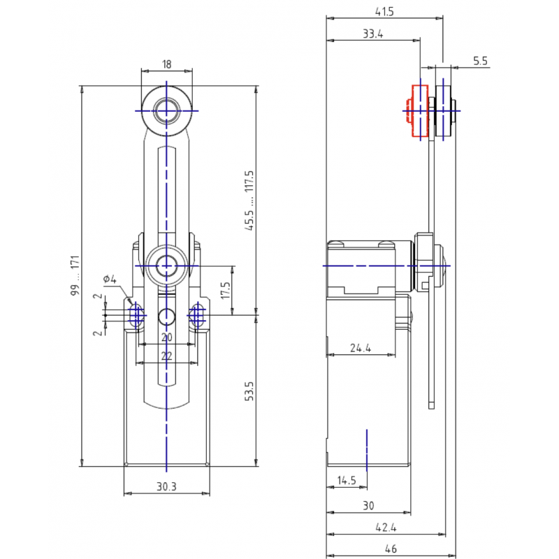 AP1T51Z11 - Концевой выключатель с регулируемым рычагом и роликом, 1NO+1NC (мгновенного действия), IP65, Comepi
