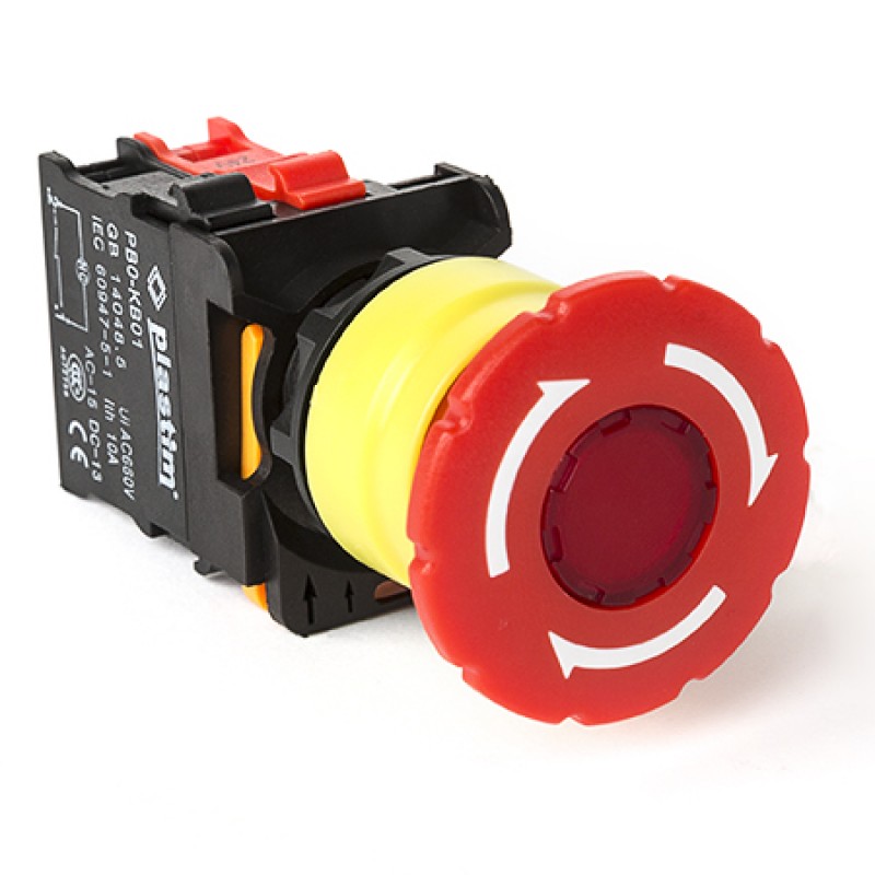 Кнопка-грибок с фиксацией и подсветкой, возврат поворотом, красная, 220 В AC/DC, красная, серия PBO, Plastim (PB0-AS542-220L)