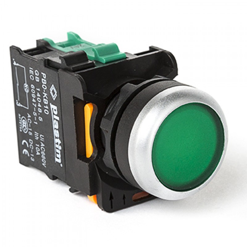 Кнопка без фиксации с подсветкой, зеленая, 24 В AC/DC, 1NO, серия PBO, Plastim (PB0-AW33B5)