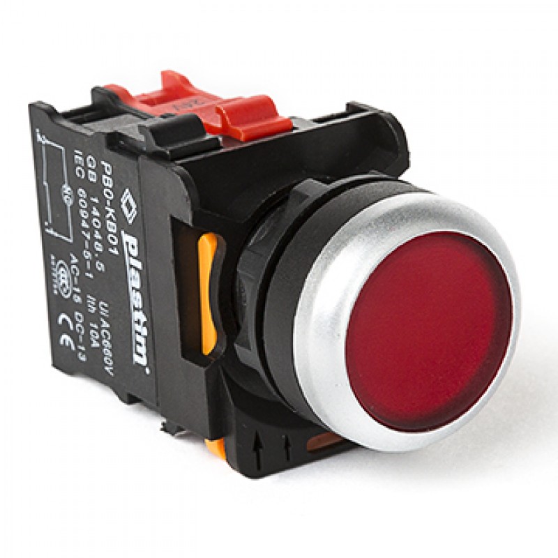 Кнопка без фиксации с подсветкой, красная, 220 В AC/DC, 1NC, серия PBO, Plastim (PB0-AW34M5)