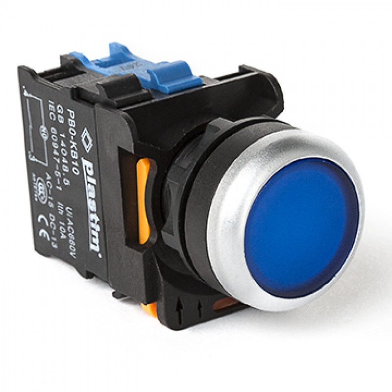 Кнопка без фиксации с подсветкой, синяя, 24 В AC/DC, 1NO, серия PBO, Plastim (PB0-AW36B5)
