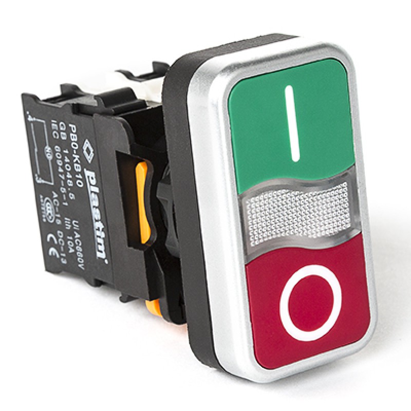 Кнопка Пуск-Стоп без фиксации с подсветкой 24 В AC/DC, 1NO+1NC, серия PBO, Plastim (PB0-AW734B5)