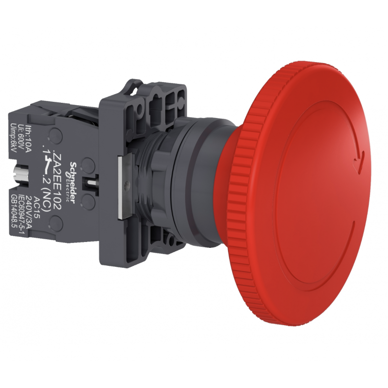 Кнопка аварийной остановки с фиксацией (Ø60 грибок), возврат поворотом, красная, 1NC, серия XA2, Schneider Electric (XA2ES642)