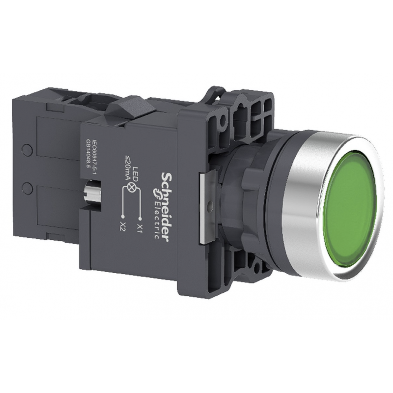 Кнопка зеленая без фиксации с подсветкой 220...230 В AC, 1NO, серия XA2, Schneider Electric (XA2EW33M1)