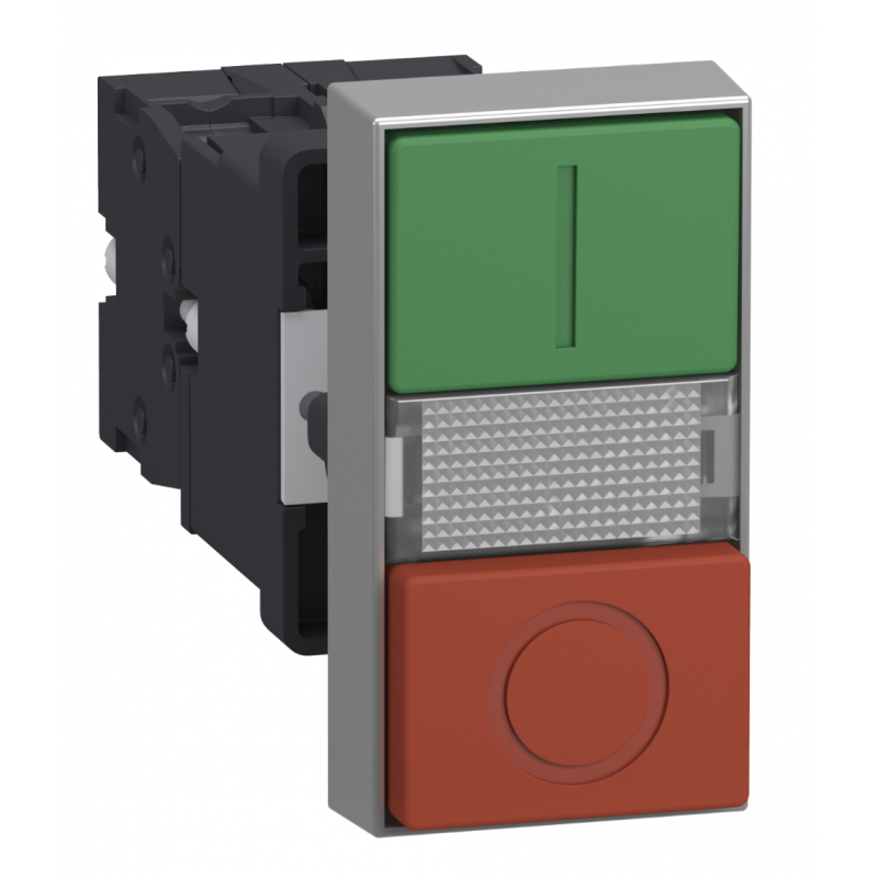 Кнопка двойная без фиксации с подсветкой, красная «O» / зеленая «I», 220В AC, 1NO+1NC, серия XA2, Schneider Electric (XA2EW7L3741M5)