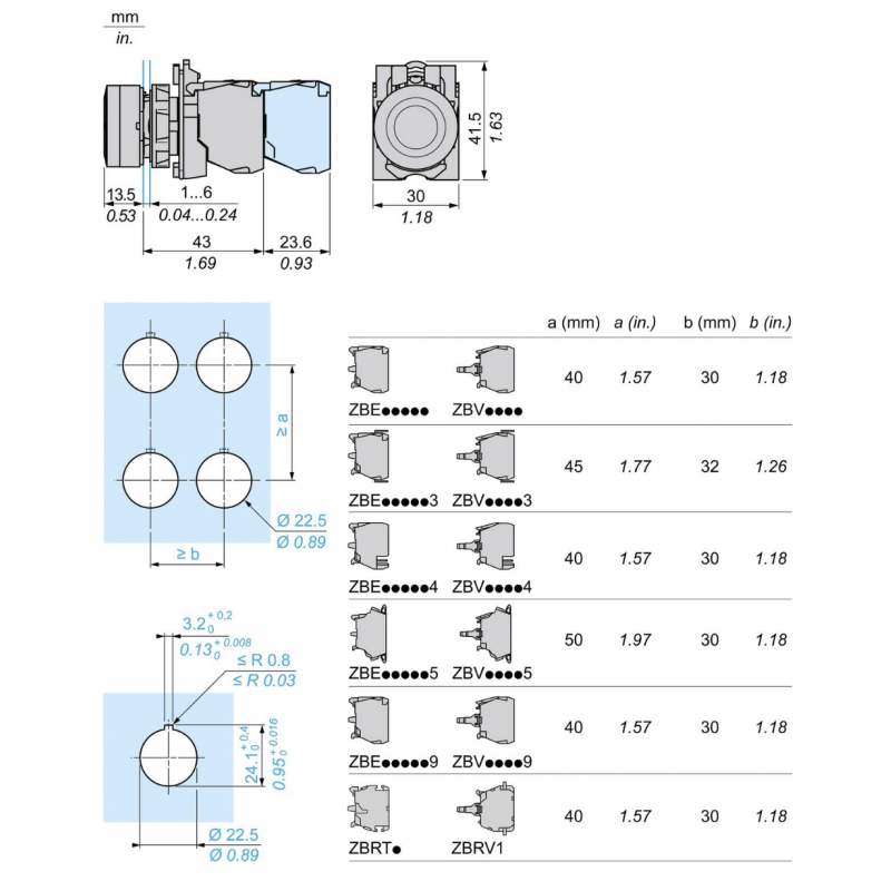 Кнопка с подсветкой без фиксации, синяя, 230...240 В AC, встроенный LED, 1NO+1NC, серия XB5, Schneider Electric (XB5AW36M5)