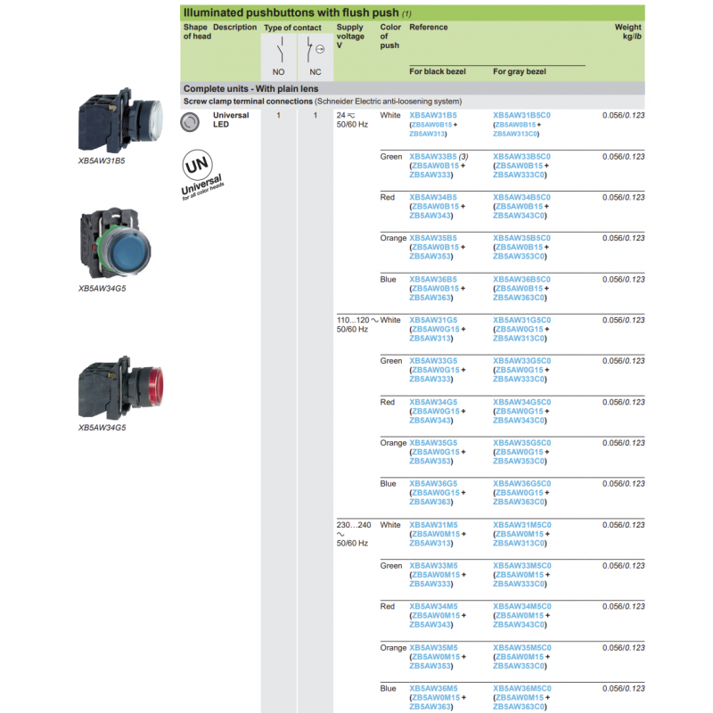 Кнопка с подсветкой без фиксации, синяя, 230...240 В AC, встроенный LED, 1NO+1NC, серия XB5, Schneider Electric (XB5AW36M5)