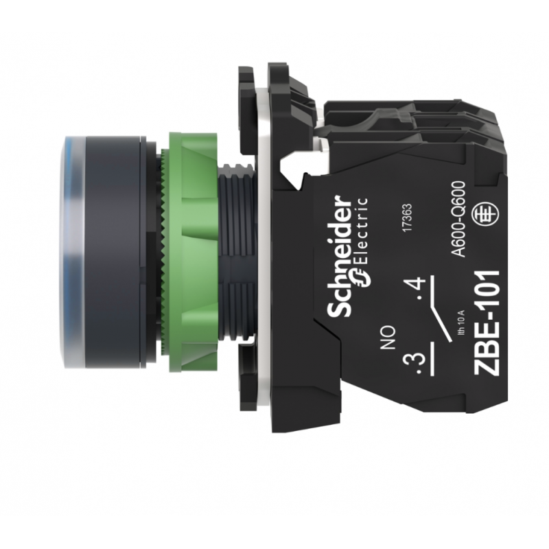 Кнопка с подсветкой без фиксации, синяя, 230...240 В AC, встроенный LED, 1NO+1NC, серия XB5, Schneider Electric (XB5AW36M5)