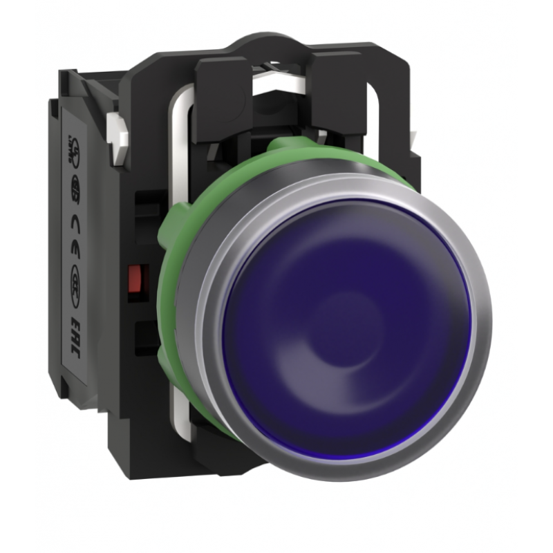 Кнопка с подсветкой без фиксации, синяя, 230...240 В AC, встроенный LED, 1NO+1NC, серия XB5, Schneider Electric (XB5AW36M5)