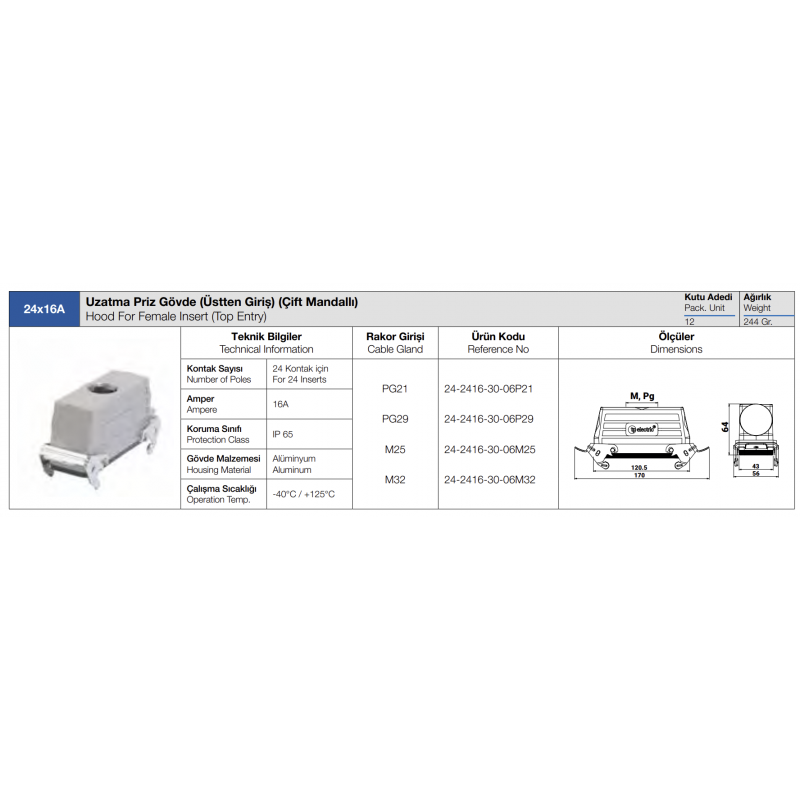 Корпус кабельного гнезда HDC 24P+E, 16А, верхний ввод, IP65, TP Electric (24-2416-30-06P29)