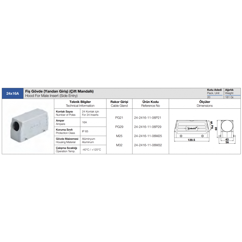 Корпус кабельной вилки HDC 24P+E, 16А, ввод сбоку, TP Electric (24-2416-11-06P21)