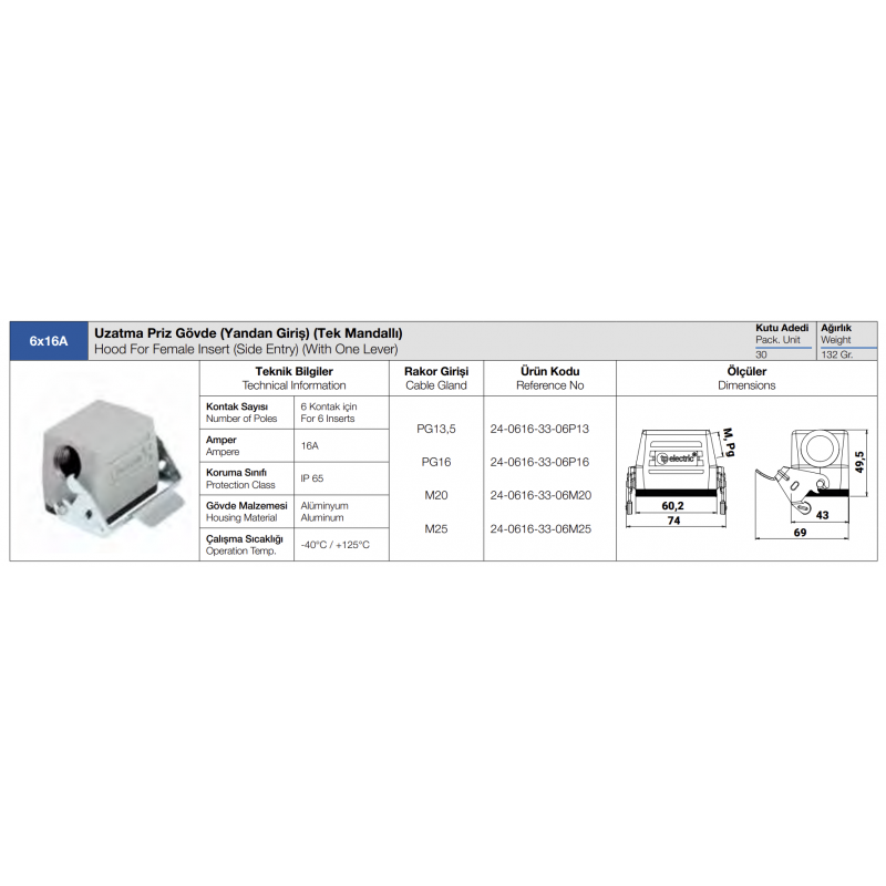 Корпус кабельного гнезда HDC 6P+E, 16А, ввод сбоку, TP Electric (24-0616-33-06P16)