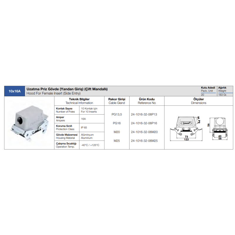 Корпус кабельного гнезда HDC 10P+E, 16А, ввод сбоку, TP Electric (24-1016-32-06P16)