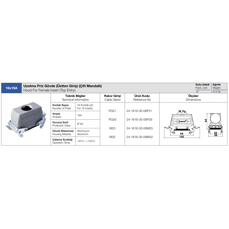 Корпус кабельного гнезда HDC 16P+E, 16А (6x35A; 4/0x80A; 4/2x80A), верхний ввод, TP Electric (24-1616-30-06P21)