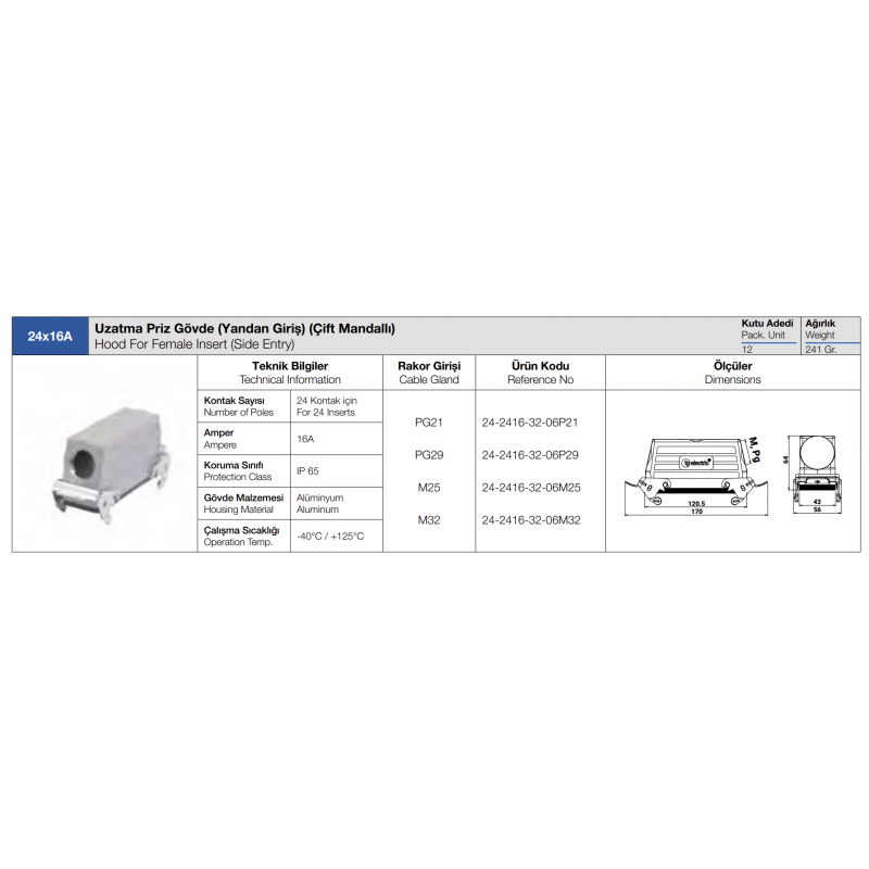 Корпус кабельного гнезда HDC 24P+E, 16А, ввод сбоку, TP Electric (24-2416-32-06P21)
