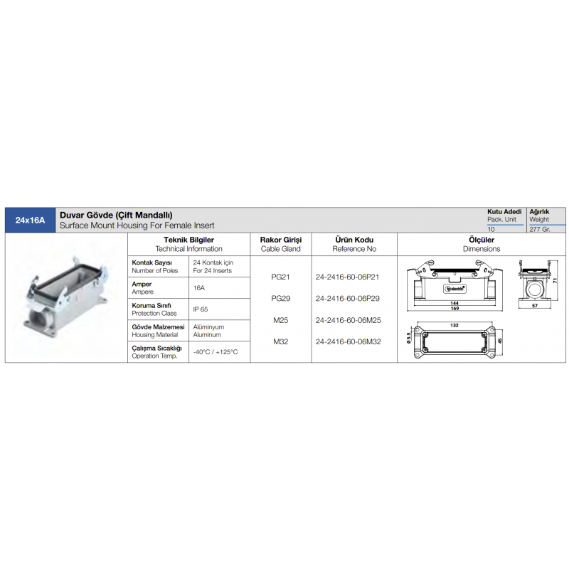 Корпус накладного гнезда HDC 24P+E, 16А, ввод сбоку, TP Electric (24-2416-60-06P21)