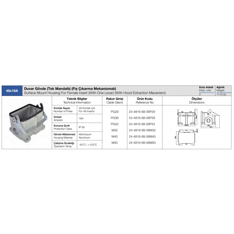 Корпус накладного гнезда HDC 48P+E, 16А, ввод с двух боков, TP Electric (24-4816-68-06P29)