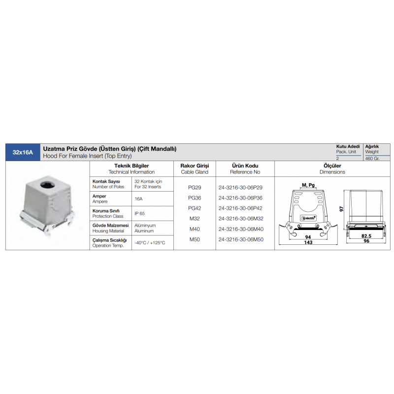 Корпус кабельного гнезда HDC 32P+E, 16А, верхний ввод, TP Electric (24-3216-30-06P29)
