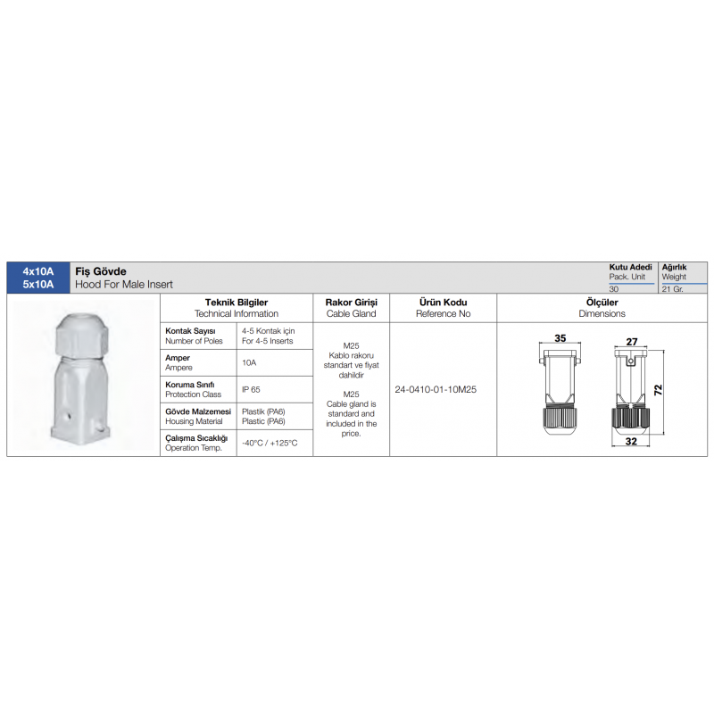 Корпус накладного гнезда HDC 48P+E, 16А, ввод сбоку, TP Electric (24-4816-70-06P29)