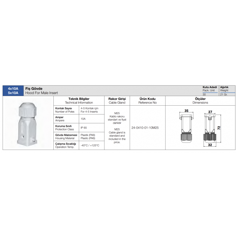 Корпус кабельной вилки HDC 4×10А–5×10А, пластиковый, TP Electric (24-0410-01-10M25)