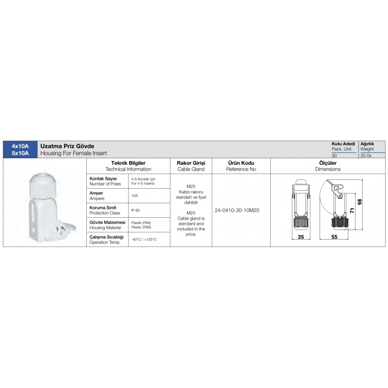 Корпус кабельного гнезда HDC 4×10А–5×10А, пластиковый, TP Electric (24-0410-30-10M25)