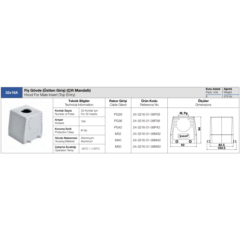 Корпус кабельной вилки HDC 32P+E, 16А, верхний ввод, TP Electric (24-3216-01-06P29)