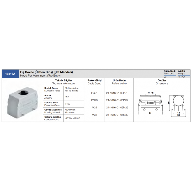 Корпус кабельной вилки HDC 16P+E, 16А (6x35A; 4/0x80A; 4/2x80A), верхний ввод, TP Electric (24-1616-01-06P21)