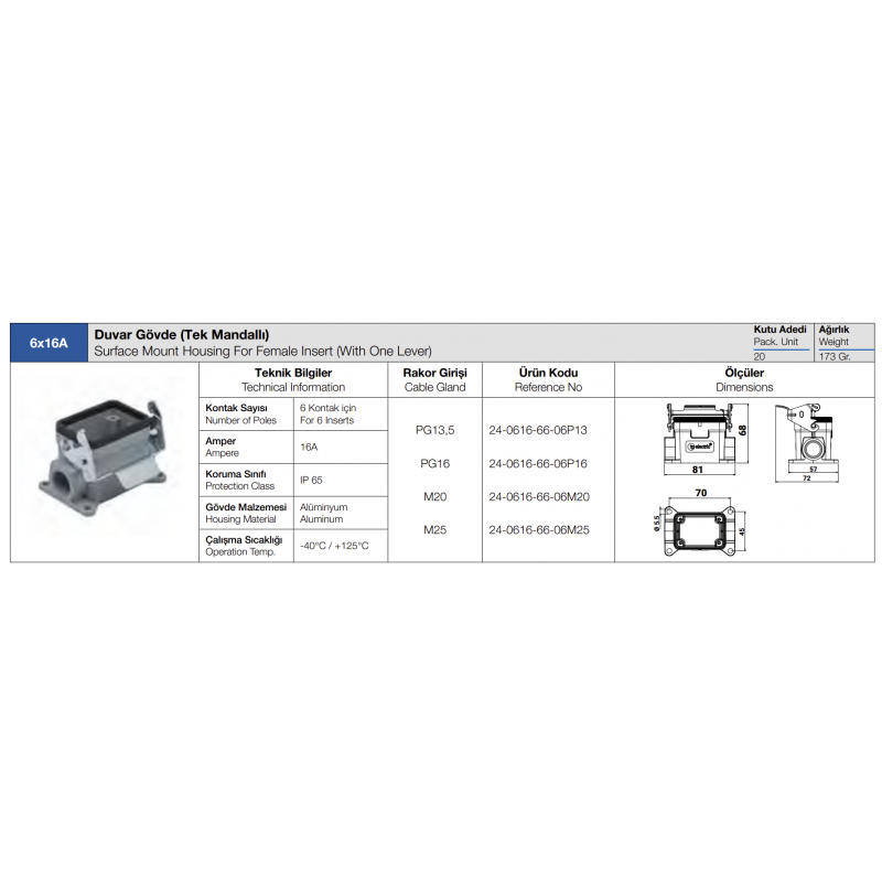 Корпус накладного гнезда HDC 6P+E, 16А, ввод сбоку, TP Electric (24-0616-66-06P16)