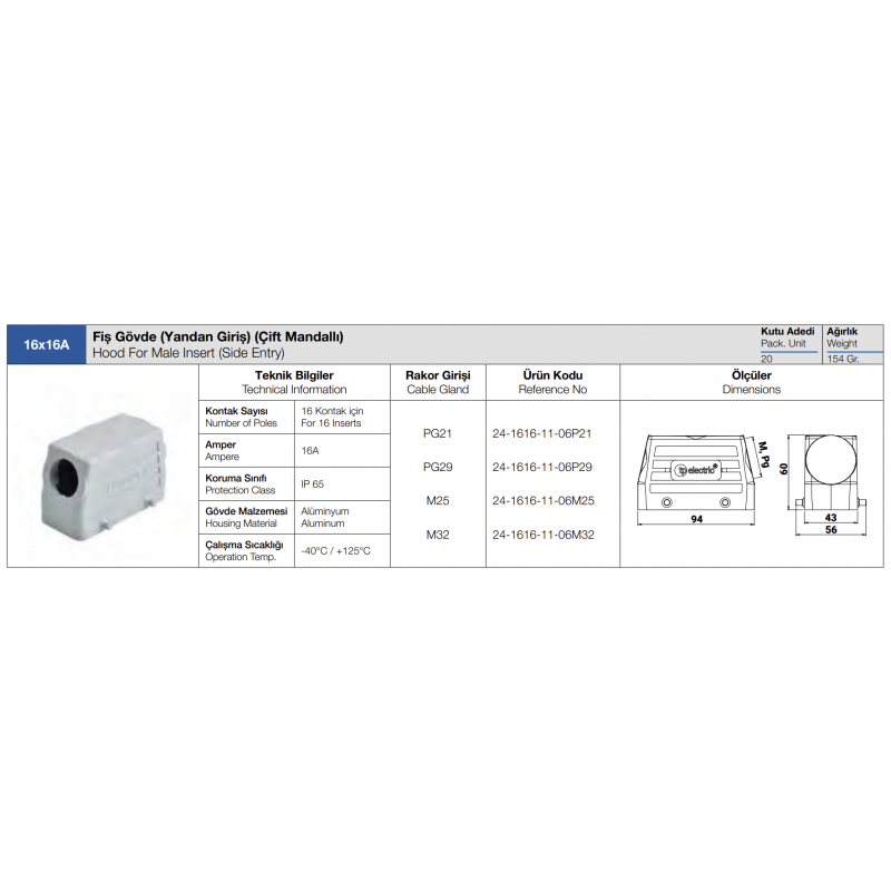 Корпус кабельной вилки HDC 16P+E, 16А (6x35A; 4/0x80A; 4/2x80A), ввод сбоку, TP Electric (24-1616-11-06P21)