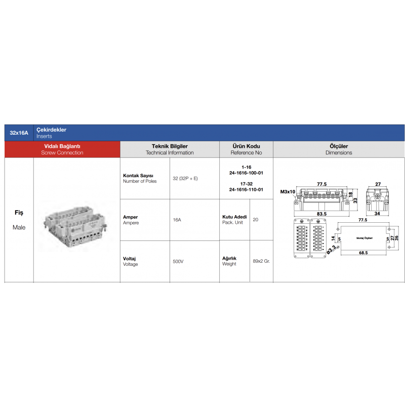 Контактная группа HDC 32P+E, 16А, 500В, винтовые зажимы, вилка, TP Electric (24-1616-100-01+24-1616-110-01)