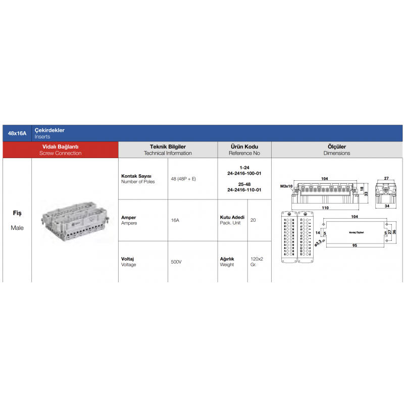 Контактная группа HDC 48P+E, 16А, 500В, винтовые зажимы, вилка, TP Electric (24-2416-100-01+24-2416-110-01)