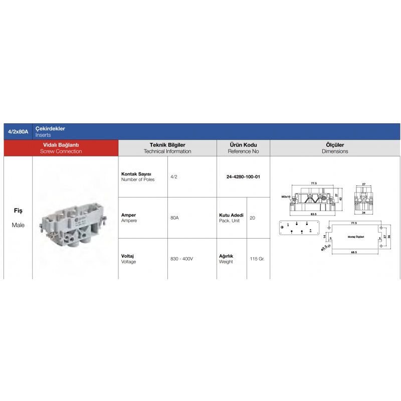 Контактная группа HDC 4/2+E, 80А/16А, 830-400В, винтовые зажимы, вилка, TP Electric (24-4280-100-01)