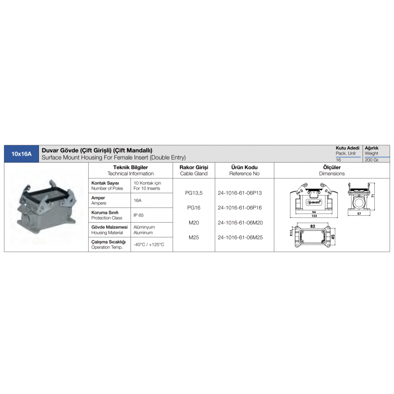 Корпус накладного гнезда HDC 10P+E, 16А, ввод с двух боков, TP Electric (24-1016-61-06P16)