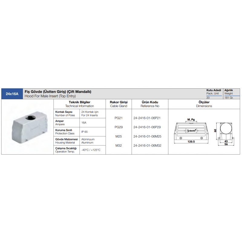 Корпус кабельной вилки HDC 24P+E, 16А, верхний ввод, TP Electric (24-2416-01-06P21)