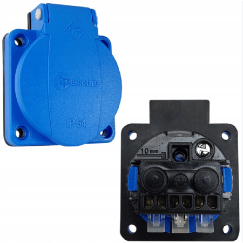 Розетка врезная фланцевая SCHUKO 2P+E, 16А, 250В AC, IP54, синий, 50×50, TP Electric (3101-310-0900)