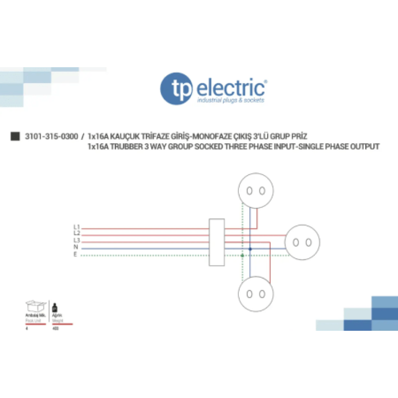 Тройник с трехфазным подключением SCHUKO 2P+E, 16А, IP54, чёрный, TP Electric (3101-315-0300)