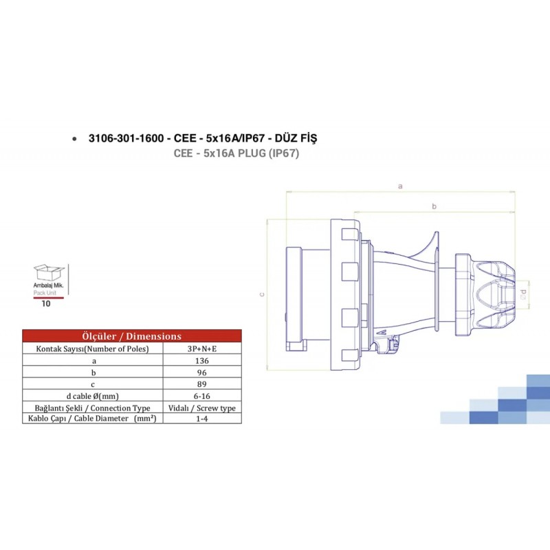 Силовая вилка кабельная, 16А, 3P+N+E, 380–415В AC, IP67, TP Electric (3106-301-1600)