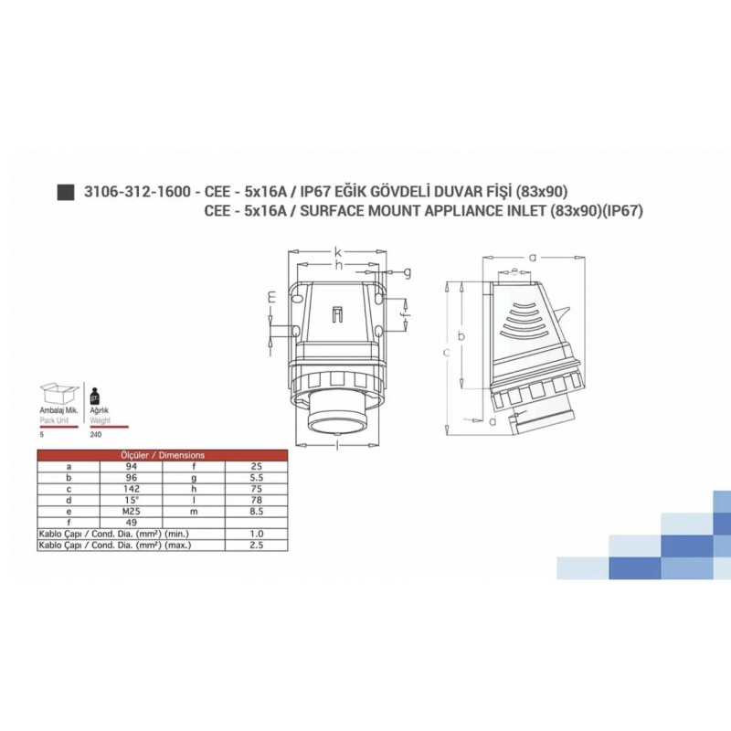 Силовая вилка накладная, 16А, 3P+N+E, 380–415В AC, IP67, TP Electric (3106-312-1600)