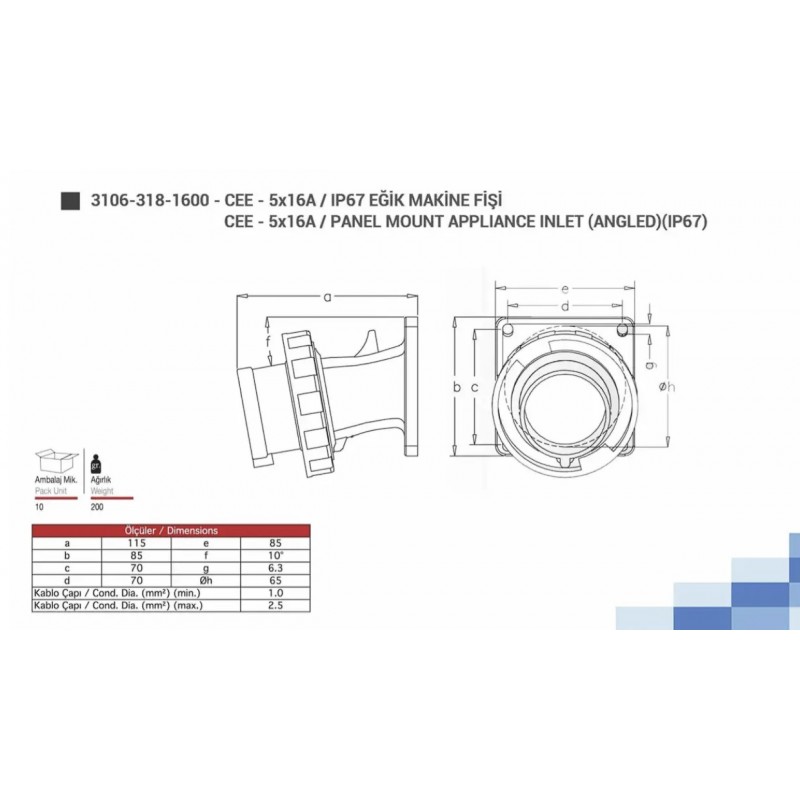 Силовая вилка фланцевая с наклоном, 16А, 3P+N+E, 380–415В AC, IP67, TP Electric (3106-318-1600)