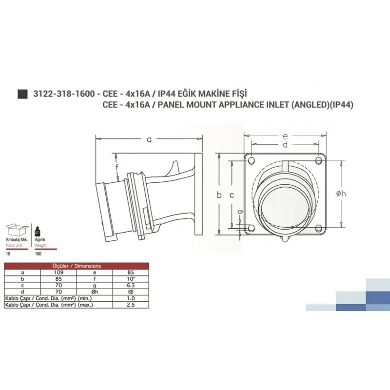 Силовая вилка фланцевая с наклоном, 16А, 3P+E, 380–415В AC, IP44, TP Electric (3122-318-1600)