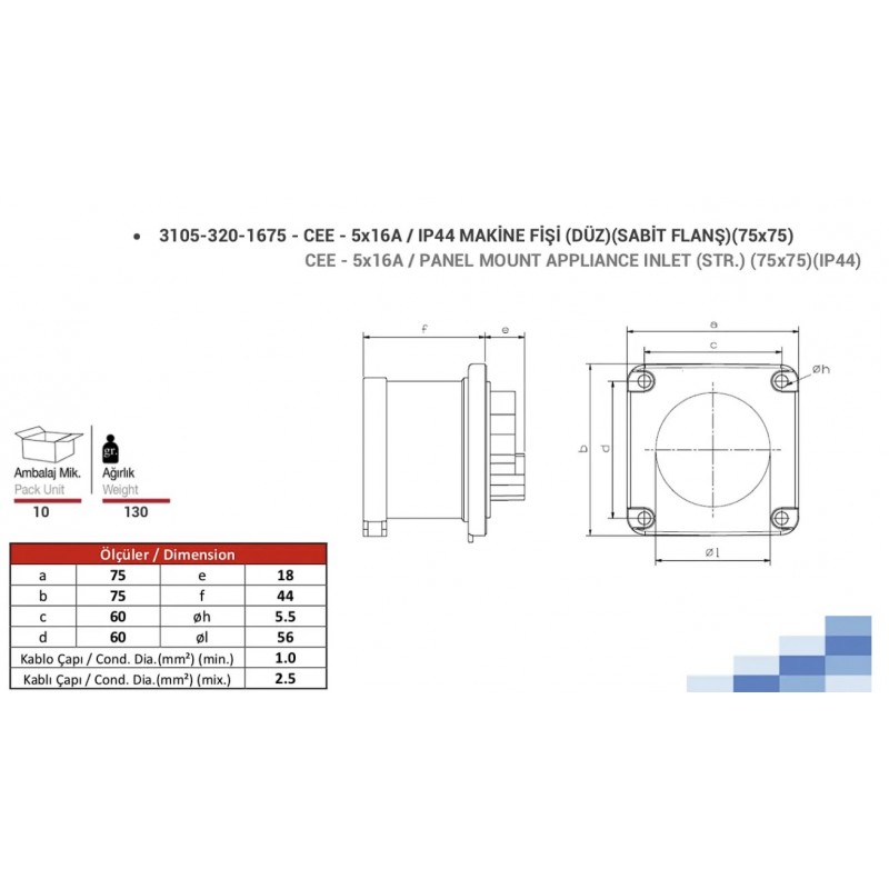 Силовая вилка фланцевая 75х75, 16А, 3P+N+E, 380–415В AC, IP44, TP Electric (3105-320-1675)