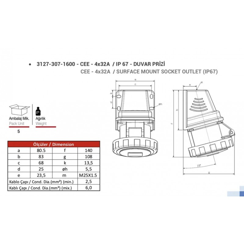 Силовая розетка накладная, 32А, 3P+E, 380–415В AC, IP67, TP Electric (3127-307-1600)