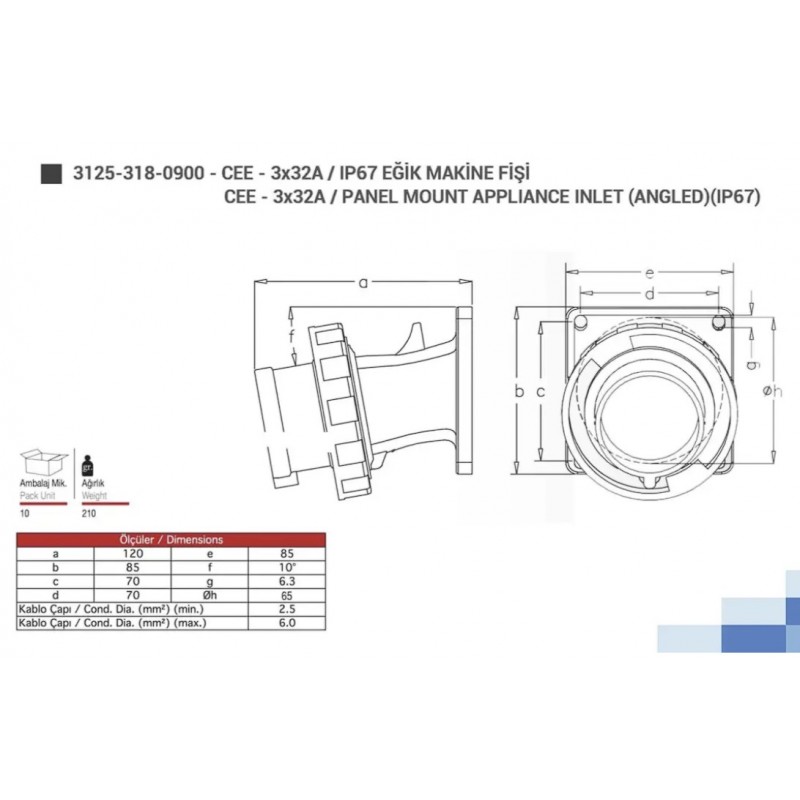 Силовая вилка фланцевая с наклоном, 32А, 2P+E, 200–250В AC, IP67, TP Electric (3125-318-0900)