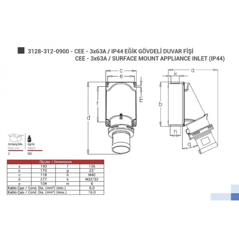 Силовая вилка накладная, 63А, 2P+E, 200–250В AC, IP44, TP Electric (3128-312-0900)