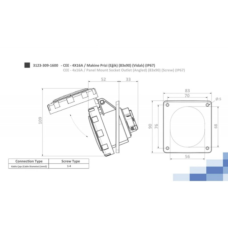 Силовая розетка фланцевая с наклоном, 16А, 3P+E, 380–415В AC, IP67, TP Electric (3123-309-1600)