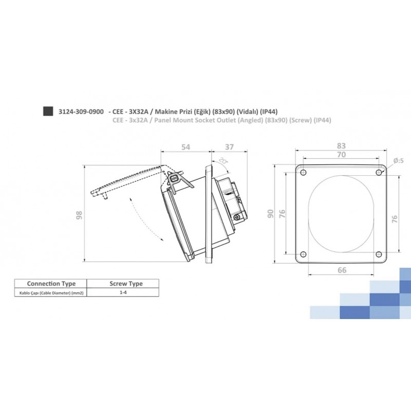 Силовая розетка фланцевая с наклоном, 32А, 2P+E, 200–250В AC, IP44, TP Electric (3124-309-0900)