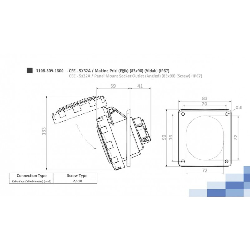Силовая розетка фланцевая с наклоном, 32А, 3P+N+E, 380–415В AC, IP67, TP Electric (3108-309-1600)